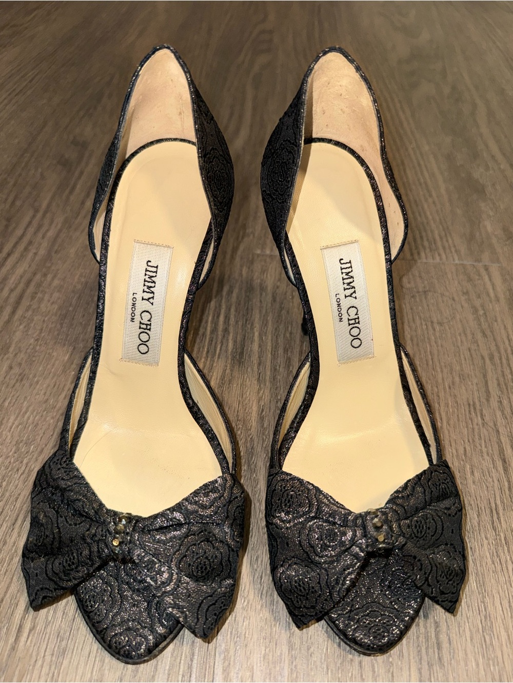 Jimmy Choo Black Lace Bow Peep-Toe Heels